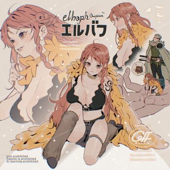 1boy 1girl alternate_costume bare_shoulders belt belt_buckle blush braid braided_sidelock breast_press breasts brown_eyes brown_loincloth buckle cape capelet cleavage closed_mouth collarbone commentary crop_top earrings from_side full_body fur_cape giant gold_choker green_cape green_hair in_palm jewelry katana knee_up large_breasts leg_warmers long_hair looking_at_viewer multiple_views nami_(one_piece) official_alternate_costume official_alternate_hairstyle one_piece orange_hair parted_lips pearl_earrings roronoa_zoro seiza sheath sheathed shoulder_pads shoulder_tattoo single_sidelock sitting sparkle standing straight-on sweatdrop sword tattoo thigh_strap thighs treasure_chest twitter_username upper_body wavy_hair weapon yellow_capelet yum_xoxo_yum