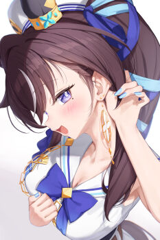 1girl animal_ears armpits black_hair blue_nails blue_ribbon blush bow bowtie breasts brown_tail chain cleavage commentary_request ear_ornament earrings extra_ears fingernails foreshortening gold_chain hair_ribbon hat highres horse_ears horse_girl horse_tail jewelry large_breasts looking_at_viewer mole mole_under_eye nail_polish open_mouth purple_bow purple_bowtie purple_eyes ribbon saboten_mushi sailor_collar shirt simple_background sleeveless sleeveless_shirt smile solo tail umamusume vivlos_(umamusume) vivlos_(voyage_etincelant)_(umamusume) white_background white_hat white_sailor_collar