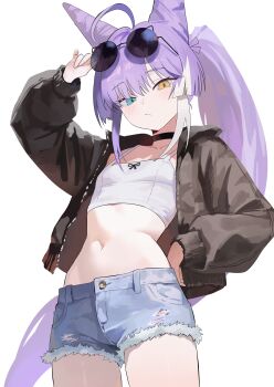 1girl absurdres adjusting_eyewear ahoge arm_up black_choker blue_eyes blue_shorts brown_jacket choker closed_mouth commentary_request cone_hair_bun cowboy_shot crop_top cutoffs denim denim_shorts eyewear_on_head flat_chest hair_bun hand_on_eyewear hand_on_own_hip heterochromia highres jacket korean_commentary long_hair long_sleeves looking_at_viewer midriff multicolored_hair navel nbee_ya open_clothes open_jacket ponytail puffy_long_sleeves puffy_sleeves purple_hair rimless_eyewear round_eyewear shirt short_shorts shorts simple_background sleeveless sleeveless_shirt solo stellive stomach streaked_hair sunglasses tenko_shibuki torn_clothes torn_shorts very_long_hair virtual_youtuber white_background white_shirt yellow_eyes