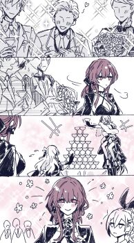 4boys 4girls 4koma absurdres blade_(honkai:_star_rail) caedeimo carrying comic cup drinking_glass firefly_(honkai:_star_rail) gloves highres honkai:_star_rail honkai_(series) kafka_(honkai:_star_rail) multiple_boys multiple_girls rejection shoulder_carry silver_wolf_(honkai:_star_rail) smile trailblazer_(honkai:_star_rail) wine_glass