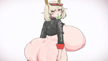 Rule 34 | ass lift, breasts, burnice white, chamtree, condom, condom in mouth, curvy, from behind, gigantic breasts, highres, huge breasts, huge nipples, large areolae, large breasts, looking at viewer, looking back, mouth hold, plump, sagging breasts, shortstack, skindentation, thick thighs, thighs, used condom, uwu, zenless zone zero