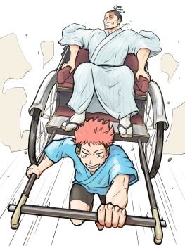 2boys bara black_hair couple full_body grin highres itadori_yuuji japanese_clothes jewelry jujutsu_kaisen kimono kobikimaru looking_ahead male_focus motion_lines multiple_boys necklace pectorals rickshaw rickshaw_puller_cosplay sandals scar scar_across_eye scar_on_face short_hair sideburns smile sparkle sparkling_aura speed_lines toudou_aoi_(jujutsu_kaisen) undercut yaoi zouri