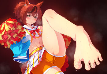 1girl absurdres animal_ears barefoot belt blue_jacket blush bow bowtie brown_hair cheerleader commentary crop_top ear_ornament feet foot_focus foreshortening hands_up highres holding holding_pom_poms horse_ears horse_girl horse_tail jacket long_sleeves looking_at_viewer midori_(midori13579) midriff multicolored_hair navel nice_nature_(run_&amp;_win)_(umamusume) nice_nature_(umamusume) open_clothes open_jacket orange_shorts pom_pom_(cheerleading) pom_poms ponytail presenting_foot red_bow red_bowtie sailor_collar sailor_shirt shirt shorts skirt solo spread_toes stomach streaked_hair tail toenails toes umamusume white_sailor_collar white_skirt yellow_belt