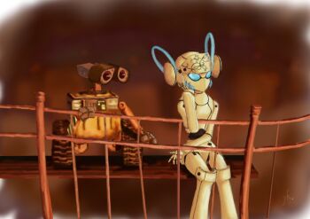 1girl blue_eyes colored_skin dfninomura disney drossel_von_flugel fireball_(series) hand_on_own_face humanoid_robot joints mechanical_hair no_mouth no_nose non-humanoid_robot robot robot_girl robot_joints science_fiction sitting thread wall-e wall-e_(character) white_skin