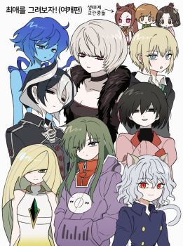 1other 6+girls :3 ace_attorney ace_attorney_investigations arrow_(symbol) black_hair blonde_hair blue_eyes blue_hair blue_skin brown_hair character_request check_character colored_skin commentary_request crossover green_hair highres hunter_x_hunter kagerou_project kido_tsubomi korean_commentary korean_text lapis_lazuli_(steven_universe) long_hair looking_at_viewer lusamine_(pokemon) made_in_abyss monogatari_(series) multicolored_hair multiple_girls neferpitou nintendo oshino_ougi ozen persona persona_4 pokemon pokemon_sm red_eyes sakura_bakushin_o_(blossom_in_learning)_(umamusume) sakura_bakushin_o_(umamusume) satonaka_chie shih-na shiryoku_kensa short_hair simple_background smile steven_universe susato_mikotoba the_great_ace_attorney translation_request two-tone_hair umamusume upper_body white_background white_hair