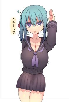 1girl :o aqua_hair arm_behind_back arm_up black_sailor_collar black_serafuku black_shirt black_skirt breasts cleavage collarbone cool-kyou_shinja cowboy_shot hair_between_eyes highres huge_breasts large_breasts long_hair long_sleeves miniskirt motion_lines neckerchief niyodogawa_yuzu no_dickey open_mouth original pleated_skirt purple_eyes purple_neckerchief sailor_collar school_uniform serafuku shirt side_ponytail sidelocks skirt sleeves_past_wrists solo standing translation_request