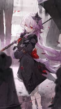 1girl absurdres black_dress black_gloves black_umbrella breasts commentary_request crowd dress evernight_(honkai:_star_rail) finger_to_mouth flower_ornament from_side gloves goomrrat hair_ornament highres holding holding_umbrella honkai:_star_rail honkai_(series) long_hair looking_at_viewer march_7th_(honkai:_star_rail) medium_breasts parted_lips pink_hair rain red_eyes smile solo umbrella