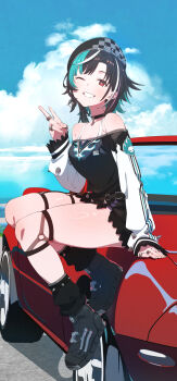 Rule 34 | 1girl, ;d, absurdres, aqua hair, beret, black choker, black hair, black hat, black shirt, black shoes, black socks, blue sky, braid, braided bangs, car, choker, cloud, colored inner hair, convertible, cumulonimbus cloud, day, earrings, full body, grin, hand up, hat, high tops, highres, hololive, hololive dev is, jewelry, knee strap, long shirt, long sleeves, looking at viewer, loose socks, medium hair, motor vehicle, multicolored hair, multiple rings, nashino (nashitsubu), o-ring, o-ring thigh strap, off-shoulder shirt, off shoulder, on car, one eye closed, open mouth, outdoors, pendant choker, purple hair, purple shorts, red car, red eyes, rindo chihaya, ring, shirt, shoes, shorts, sitting, sky, smile, sneakers, socks, solo, streaked hair, swept bangs, thigh strap, v, virtual youtuber, white hair