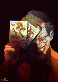 batman batman_(series) black_footwear black_gloves black_hair bodysuit cameo card clown dc_comics dick_grayson domino_mask eye_mask formal_clothes full_body gloves green_hair holding holding_card jacket jason_todd jjmk-jjmk looking_at_viewer makeup male_focus mask multiple_boys muscular muscular_male nightwing pants playing_card purple_suit short_hair smile solo suit superhero_costume the_joker