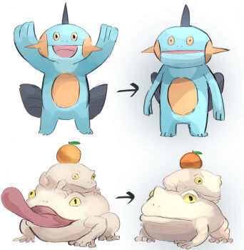before_and_after comparison crossover duel_monster frog gen_3_pokemon hatano_kiyoshi highres looking_at_viewer marshtomp nintendo no_humans pokemon pokemon_(creature) smile toadally_awesome tongue tongue_out white_background yu-gi-oh!