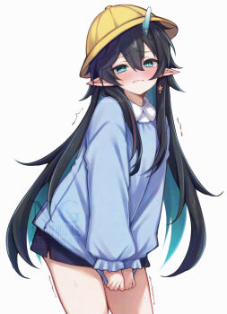Rule 34 | 1boy, absurdres, aqua eyes, black hair, black skirt, blue shirt, closed eyes, commentary, crossdressing, crossdressing (mtf), dan heng (honkai: star rail), dan heng (imbibitor lunae) (honkai: star rail), dragon horns, earrings, hair between eyes, hat, highres, honkai: star rail, honkai (series), horns, jewelry, kindergarten uniform, long hair, long sleeves, male focus, momochiwood, pointy ears, school hat, shirt, single earring, skirt, solo, tears, untranslatable commentary, yellow hat