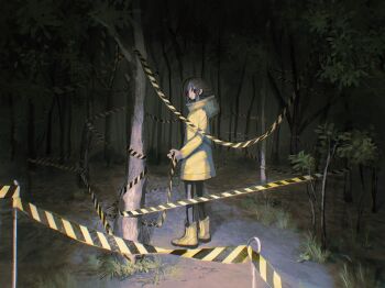 1girl boots brown_hair caution_tape coat commentary dark forest from_side grass hair_between_eyes highres holding_tape hood horror_(theme) izunayasan looking_at_viewer looking_back nature night original outdoors path red_eyes road scenery short_hair smile solo standing tree yellow_boots yellow_coat yellow_theme