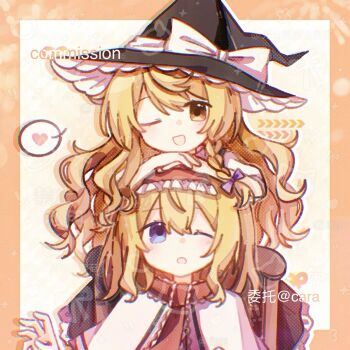 Rule 34 | 2girls, alice margatroid, artist name, black hat, blonde hair, blue eyes, bow, braid, capelet, chin rest, chinese commentary, commentary request, commission, fby1313133, frilled hairband, frills, hair bow, hairband, hat, hat bow, head on head, head rest, heart, highres, kirisame marisa, lolita hairband, multiple girls, one eye closed, open mouth, purple bow, red hairband, side braid, single braid, smile, spoken heart, touhou, watermark, white bow, white capelet, witch hat