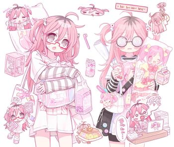 1girl @_@ ahoge arm_warmers bag blush_stickers bow can computer cowboy_shot dakimakura_(object) drink_can drinking_straw food glasses hair_ornament highres holding hugging_object laptop layered_sleeves long_hair long_sleeves looking_at_viewer milk_carton mipi_(u3u_00) multiple_views one_eye_closed open_mouth original pillow pillow_hug pink_hair pink_theme red-framed_eyewear shirt short_over_long_sleeves short_sleeves simple_background skirt skull_hair_ornament soda_can speech_bubble striped_clothes striped_sleeves table two_side_up white_background white_shirt