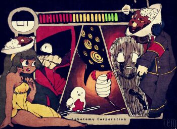 1other 3girls @_@ armband artist_name bandaged_head bandages bare_arms bare_legs bare_shoulders barefoot beak big_bird_(project_moon) bird black_border black_hair black_jacket black_pants black_shoes black_suit border bowl branch breasts buttons cleavage clenched_teeth cloak collared_shirt commentary_request copyright_name curry dark-skinned_female dark_skin dress dress_pants dress_shoes employee_(project_moon) extra_eyes eye_socket feathers feet food food_on_head formal_clothes frown full_body hairband hand_up headphones headphones_around_neck highres hood hood_up hooded_cloak jacket judgement_bird king_of_greed little_red_riding_hooded_mercenary lobotomy_corporation long_dress long_hair long_sleeves low_twintails magical_girl multiple_girls necktie nervous nugget_(project_moon) object_on_head open_mouth outside_border pants project_moon punishing_bird red_armband red_cloak red_necktie rice_bowl scorched_girl shirt shoes short_twintails side_slit sitting sleeve_cuffs sleeves_past_wrists standing suit sweat teeth temari_momiji toes twintails upper_teeth_only very_long_hair white_shirt yellow_dress yellow_eyes yellow_hairband you&#039;re_bald_(lobotomy_corporation)