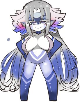 1girl alien blue_collar blush breasts collar fate/grand_order fate_(series) grey_eyes grey_hair hands_on_own_hips highres huge_breasts kkisgot long_hair navel pointy_ears priestess_of_the_alien_god silver_skin smug very_long_hair