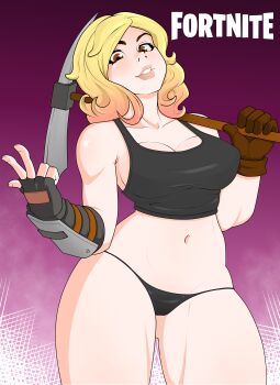 1girl abstract_background absurdres black_panties blonde_hair breasts cleavage constructor_penny cowboy_shot crop_top elbow_gloves eyelashes female_focus fingerless_gloves fortnite gesture gloves highres large_breasts looking_at_viewer navel over_shoulder panties pickaxe red_eyes rodjim solo tank_top thick_thighs thighs underwear weapon weapon_over_shoulder wide_hips