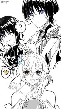 1boy 1girl ? bare_shoulders blunt_ends blush bodysuit bouquet cape closed_mouth feather_hair_ornament feathers flower genshin_impact giving greyscale hair_flower hair_ornament heart highres holding holding_bouquet japanese_clothes kimono looking_at_viewer lumine_(genshin_impact) mandarin_collar monochrome multiple_views one_eye_closed open_mouth parted_lips purple_eyes scaramouche_(genshin_impact) scarf short_hair short_hair_with_long_locks shoulder_peek sidelocks speech_bubble split_mouth spoken_heart spoken_question_mark spot_color sweatdrop teeth tongue twitter_username upper_teeth_only wanderer_(genshin_impact) whisper_(suisuibingtang) white_background wispy_bangs yellow_eyes