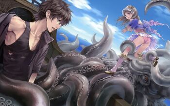 1boy 1girl atelier_(series) atelier_totori black_hair blue_sky boots brown_hair cloud day game_cg gloves grey_eyes hat highres kishida_mel knee_boots kraken long_hair ocean octopus_tentacles official_art outdoors ship sky sterkenburg_cranach surprised tentacles tentacles_on_male torn_clothes totooria_helmold underwear upskirt water watercraft