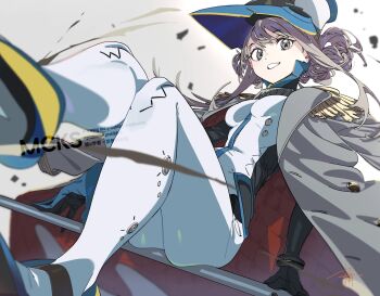 1girl character_request commentary_request copyright_request epaulettes grey_eyes grey_hair grey_jacket hat highres jacket looking_at_viewer machi_(wm) mechanical_legs open_clothes open_jacket polearm robot_girl solo weapon