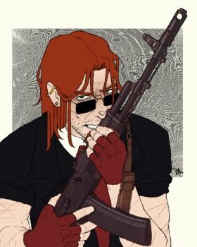 1boy assault_rifle clenched_teeth commentary english_commentary fingerless_gloves gloves green_eyes gun gun_sling highres holding holding_gun holding_weapon jacket kalashnikov_rifle koreyexe looking_at_viewer male_focus postal_(game) postal_dude red_gloves red_hair rifle shirt short_sleeves simple_background solo sunglasses teeth upper_body weapon