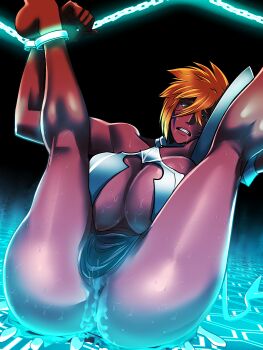 1girl absurdres bare_shoulders bleach bleach:_sennen_kessen-hen blonde_hair breasts chained_ankles chained_cuffs chained_wrists colored_eyelashes cum cum_in_pussy cumdrip dark-skinned_female dark_skin espada facial_mark female_focus green_eyes highres large_breasts legs_over_head legs_up soyuz001 tier_harribel
