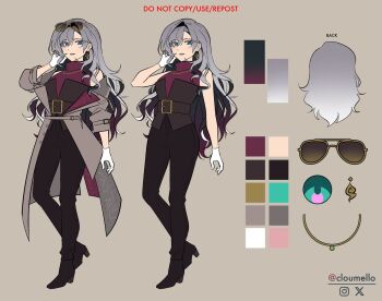 1girl aqua_eyes artist_name artist_self-insert bare_arms black_pants black_shoes brown_background brown_vest cloumello color_guide commentary earrings english_commentary full_body gloves grey_hair hair_between_eyes high_heels highres jewelry long_hair looking_at_viewer multiple_views original pants parted_bangs parted_lips purple_shirt reference_sheet shirt shoes simple_background sleeveless sleeveless_shirt sunglasses unworn_eyewear vest white_gloves