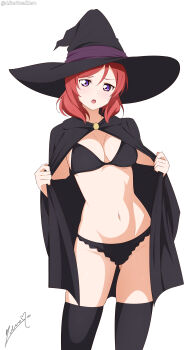 1girl absurdres alternate_breast_size_(larger) alterrealzero black_bra black_cape black_panties black_thighhighs blush bra breasts cape commentary english_commentary hat highres large_breasts looking_at_viewer love_live! love_live!_school_idol_project navel nishikino_maki open_mouth panties purple_eyes red_eyes simple_background solo thighhighs underwear white_background witch_hat