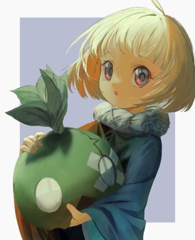 1girl :o ahoge blonde_hair blue_cape blue_eyes border bow cape child chiyuki1456 commentary_request dr._stone food fruit fur_collar highres holding holding_food holding_fruit holding_mask holding_vegetable holding_watermelon loli long_sleeves looking_at_viewer mask open_mouth partially_shaded_face red_eyes rope rope_necklace short_hair simple_background solo standing suika_(dr.stone) upper_body vegetable watermelon white_rope wide_sleeves x_(symbol)