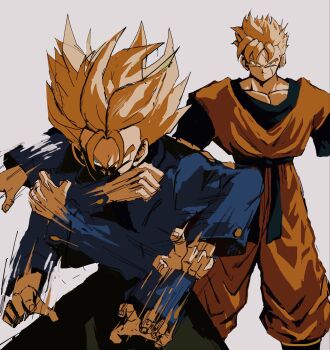 Rule 34 | 2boys, amputee, commentary request, dougi, dragon ball, dragonball z, highres, male focus, multiple boys, orange pants, pants, son gohan, son gohan (future), spiked hair, sukinamangaooi, super saiyan, super saiyan 1, trunks (dragon ball), trunks (future) (dragon ball)