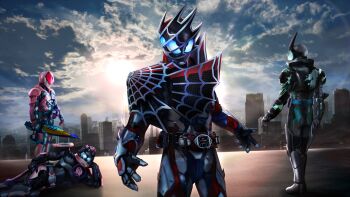 4boys animal_hood aqua_eyes armor asymmetrical_armor black_armor blue_armor blue_eyes city cityscape cowboy_shot demon_boy demons_driver dinosaur evilblade highres holding holding_weapon hood horns imminent_fight kamen_rider kamen_rider_demons kamen_rider_evil kamen_rider_revi kamen_rider_revice kamen_rider_vice lying male_focus masukudo_(hamamoto_hikaru) multiple_boys on_side pink_armor red_eyes revice_driver revicelasher scarf sharp_teeth silk single_horn spider_web splatter splatter_print sword tail teeth tokusatsu tyrannosaurus_rex weapon spider_web_print