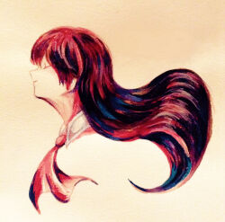 Rule 34 | 1girl, aozukikawasemi, ascot, closed eyes, collar, commentary, cropped shoulders, english commentary, expressionless, from side, ib (ib), ib (kouri), long hair, parted lips, photo (medium), red ascot, red hair, red theme, solo, traditional media, very long hair, wavy hair, white collar