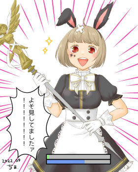 1girl animal_ears apron black_dress blush bow bowtie breasts brown_hair chima_(iccachima) commentary_request cowboy_shot dated dress emphasis_lines gloves health_bar high_priest_(ragnarok_online) holding holding_staff looking_at_viewer maid medium_breasts open_mouth puffy_short_sleeves puffy_sleeves rabbit_ears ragnarok_masters ragnarok_online red_eyes short_hair short_sleeves smile solo staff translation_request v-shaped_eyebrows waist_apron white_apron white_background white_bow white_bowtie white_gloves