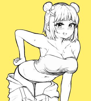 1girl absurdres bare_shoulders blush bow breasts cleavage collarbone commentary double_bun english_commentary hair_bow hair_bun hair_ornament hand_on_own_hip highres hololive hololive_english large_breasts lavacacticus leaning_forward looking_at_viewer mole mole_on_breast navel panties partially_colored partially_undressed short_hair sidelocks simple_background smile solo stomach strapless sweat tube_top underwear virtual_youtuber watson_amelia yellow_background zipper