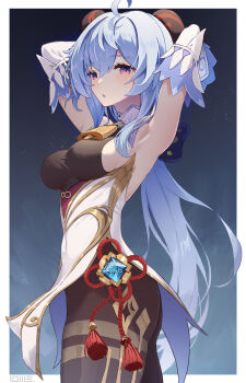 Rule 34 | 1girl, absurdres, ahoge, armpits, arms up, bare shoulders, bell, blue hair, bodystocking, breasts, chinese knot, covered erect nipples, cowboy shot, detached sleeves, from side, ganyu (genshin impact), genshin impact, hair between eyes, highres, horns, jewelry, long hair, looking at viewer, low ponytail, lows., medium breasts, neck bell, open mouth, outside border, ponytail, purple eyes, sideboob, solo, thighlet, very long hair