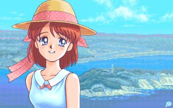 1girl blue_eyes blue_shirt blue_sky bow brown_hair day goto_p hat hat_bow island original outdoors parted_lips pc-98_(style) pink_bow river shirt short_hair signature sky sleeveless sleeveless_shirt smile solo straw_hat upper_body