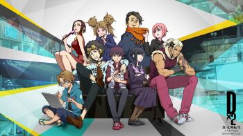 4girls 5boys afro arm_around_shoulder arm_tattoo artist_request black_hair black_shoes brown_hair brown_shoes cellphone comb computer copyright_name couch dress earrings facial_hair fingerless_gloves flip-flops fur-trimmed_vest fur_trim fuse_tarou glasses gloves highres holding holding_comb holding_phone hood hooded_jacket inoue_gakuto jacket jewelry koden_shiori laptop male_protagonist_(smt_ldx2) multiple_boys multiple_girls official_art phone pink_hair purple_eyes red_dress ryuzouji_rika saikawa_seiran sailor_collar sandals school_uniform serafuku shiang_sun shin_megami_tensei shin_megami_tensei:_liberation_dx2 shoes sitting skirt spider_tattoo tattoo tsai-jung_yun ueda_ririn vest