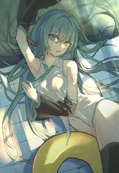 1girl absurdres aqua_eyes aqua_hair aqua_necktie aqua_trim arm_up bare_shoulders black_sleeves black_thighhighs bottomless collared_shirt detached_sleeves hashtag-only_commentary hatsune_miku highres k2s long_hair messy_hair navel necktie number_tattoo parted_lips pool shirt shoulder_tattoo sleeveless sleeveless_shirt stomach tattoo thighhighs vocaloid white_shirt