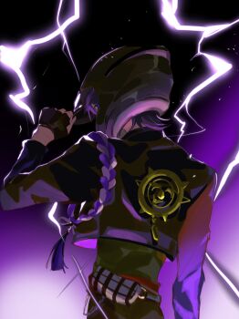 Rule 34 | 1boy, absurdres, alternate costume, alternate universe, arm up, biker clothes, bikesuit, black gloves, blue eyes, bodysuit, chinese commentary, cropped jacket, electricity, fingerless gloves, genshin impact, gloves, glowing, gradient background, helmet, highres, japanese clothes, light particles, long sleeves, looking at viewer, looking to the side, motorcycle helmet, purple background, purple hair, scaramouche (genshin impact), short hair, solo, standing, upper body, waitfortheeastwind