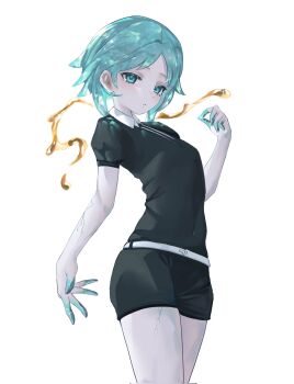 1other androgynous aqua_eyes aqua_hair black_shirt black_shorts closed_mouth colored_extremities colored_skin commentary cracked_skin gem_uniform_(houseki_no_kuni) highres holyalm4 houseki_no_kuni other_focus phosphophyllite shirt short_sleeves shorts standing white_skin