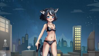 1girl absurdres animal_ear_fluff animal_ears belly black_bra black_hair black_panties blue_eyes bra breasts building commission dog_ears dog_tail fangsie_fido highres knee_up knees_up looking_at_viewer multiple_girls navel night night_sky open_mouth panties short_hair sky skyscraper solo standing tail thighs underwear underwear_only variance_project virtual_youtuber