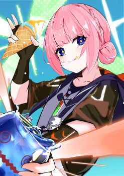 1girl :q absurdres black_gloves blue_eyes blue_jacket brown_jacket commentary_request double_bun fingerless_gloves food food_on_face gloves hair_bun highres holding holding_food holding_ice_cream holding_ice_cream_cone hood hood_down hooded_jacket ice_cream ice_cream_cone jacket kaf_(kamitsubaki_studio) kamitsubaki_studio looking_at_viewer minamo_chibame multicolored_jacket open_clothes open_jacket pink_hair pom_pom_(clothes) short_hair solo tongue tongue_out virtual_youtuber yellow_pupils