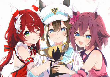 3girls ;) absurdres animal_ears blue_eyes brown_hair cheval_grand_(grand_itineraire)_(umamusume) cheval_grand_(umamusume) commentary_request commission detached_sleeves ear_covers ears_through_headwear green_eyes hat highres holding holding_trophy horse_ears horse_girl long_hair looking_at_viewer multiple_girls one_eye_closed pink_sleeves red_hair sakura_chiyono_o_(hinoshita_kaisan_hana_akari)_(umamusume) sakura_chiyono_o_(umamusume) skeb_commission smile trophy umamusume white_background white_hat win_variation_(dramatic_tutu)_(umamusume) win_variation_(umamusume) yukikawa_juri