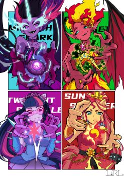 Rule 34 | 4girls, :3, :o, absurdres, alternate form, animal ears, animification, aqua eyes, aqua sclera, belt, black belt, black sclera, blonde hair, blue dress, blue eyes, blue hair, border, breasts, chain, character name, chinese commentary, choker, claws, cleavage, colored sclera, colored skin, commentary request, cutie mark, dark persona, demon girl, demon wings, dress, dual persona, element of magic, elements of harmony, equestria girls: friendship games, equestria girls: legend of everfree, equestria girls (movie), fangs, fiery hair, gloves, glowing, glowing eyes, glowing horns, hair ornament, high ponytail, highres, horns, horse ears, horse girl, horse tail, ino520rachel, jewelry, long hair, looking at viewer, magic capture device (my little pony), medium breasts, midnight sparkle, multicolored hair, multiple girls, my little pony, my little pony: equestria girls, my little pony: friendship is magic, necklace, official alternate costume, official alternate hairstyle, orange skin, outside border, outstretched arms, pink eyes, pink gloves, pointy ears, ponytail, purple-tinted eyewear, purple eyes, purple gloves, purple hair, purple skin, red dress, red hair, red skin, safety glasses, sci-twi, short hair, single horn, sleeveless, sleeveless dress, slit pupils, streaked hair, sunglasses, sunset shimmer, sunset shimmer (demon), sunset shimmer (human), tail, tiara, tinted eyewear, twilight sparkle, updo, wallet chain, white border, wings