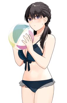 1girl ball beachball bikini black_hair blush braid breasts commentary_request embarrassed frilled_bikini frills hair_between_eyes highres holding holding_ball large_breasts looking_at_viewer low_twintails midriff original purple_eyes simple_background sweatdrop swimsuit thighs tokita_shigure twintails white_background