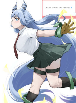 1girl absurdres black_skirt black_socks blue_eyes blue_hair blush boku_no_hero_academia breasts collared_shirt drill_hair energy fengling_(furin-jp) from_side gloves hado_nejire hair_horns highres kneehighs large_breasts long_hair looking_at_viewer marshmallow_(site) necktie red_necktie school_uniform shirt short_sleeves simple_background skirt socks solo thigh_strap twin_drills u.a._school_uniform very_long_hair white_shirt yellow_gloves