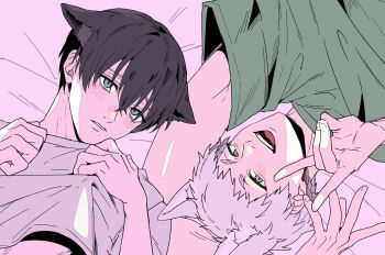 2boys animal_ear_fluff black_hair blush closed_mouth commentary_request grey_eyes highres hikaru_ga_shinda_natsu indou_hikaru looking_at_viewer lying male_focus mole mole_on_cheek mole_on_neck mole_under_eye mole_under_mouth multiple_boys multiple_moles nose_blush on_back on_bed open_mouth red_pupils shirt short_eyebrows short_hair slit_pupils sono_nu teeth tsujinaka_yoshiki v white_hair white_shirt