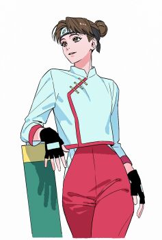 1girl commentary_request forehead_protector hair_bun highres holding holding_scroll konohagakure_shinobi_uniform konohagakure_symbol korean_commentary m0_mo_momo naruto_(series) naruto_shippuuden ninja scroll scroll_tube solo tenten_(naruto)