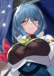 Rule 34 | 1girl, aqua hair, armband, black bodysuit, blurry, blurry foreground, bodysuit, breasts, bright pupils, commentary, from below, hair between eyes, hair intakes, highres, honkai: star rail, honkai (series), huge breasts, jacket, jewelry, light blush, long bangs, looking at viewer, medium hair, mole, mole under mouth, natasha (honkai: star rail), open clothes, open jacket, pendant, red armband, red eyes, sidelocks, smile, solo, srpzk, upper body, white jacket, white pupils