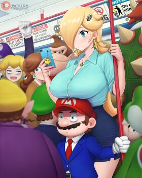 3girls 6+boys absurdres alternate_costume anger_vein annoyed blonde_hair blue_eyes blue_shirt blue_skirt blue_suit bowser breast_rest breasts breasts_on_head brown_hair collared_shirt commentary constricted_pupils contemporary crowded curvy dismaiden donkey_kong earrings english_commentary formal_clothes hair_over_one_eye hat height_difference highres jewelry large_breasts luigi mario mario_(series) multiple_boys multiple_girls nintendo office_lady one_eye_covered pencil_skirt princess_daisy princess_peach red_hat rosalina salaryman shirt skirt suit toad_(mario) train_interior waluigi wario yoshi